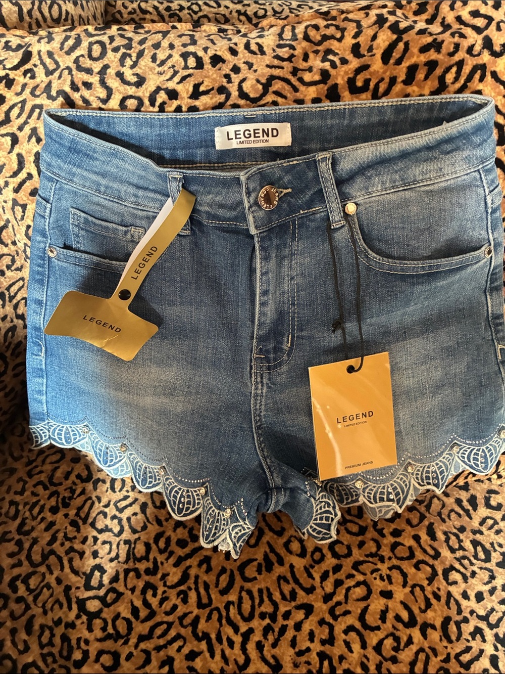 Legend Women's Blue Denim Shorts with Scalloped Lace Hem Detail